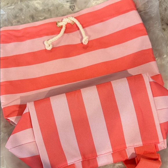Victoria's Secret Coral and White Striped Tote - Picture 1 of 9